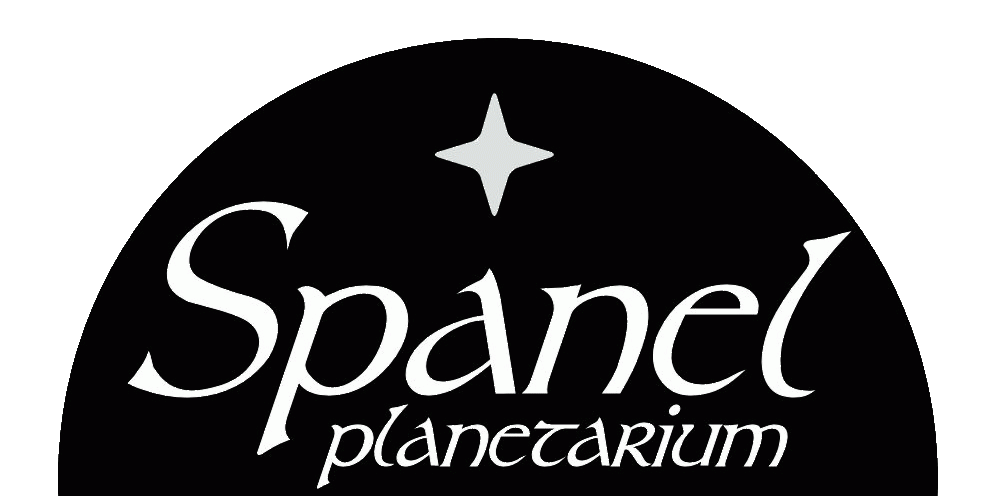 Spanels logo, black half circle, Spanel Planetarium displayed in white text with a white star above